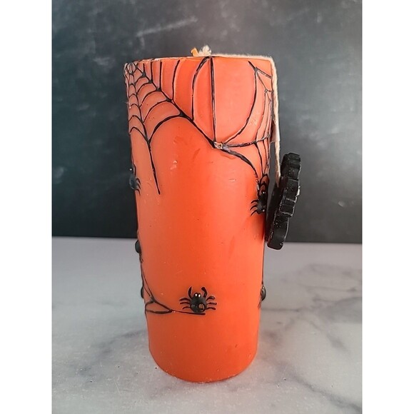 Happy Halloween Spider Black And Orange Pillar Candle - Picture 8 of 11